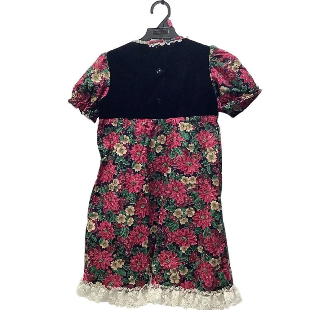 Vtg Roanna‎ Red Christma Dress 6 Lace Collar White Poinsettia Smock Velvet Top